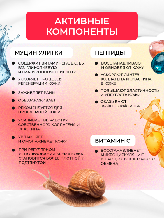 Антивозрастной крем для лица с пептидом и муцином черной улитки 3D Insta Lazer 250 мл в Набережных Челнах